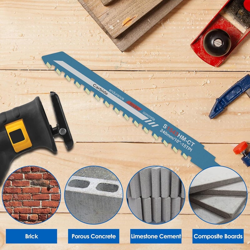 LAINIUTE 10Inch Masonry Reciprocating Saw Blade, 15TPI Titanium Carbide Concrete Saw Blades, Brick Concrete Cutting Recip Saw Blade, Demolition Saw Blades for Cutting Brick, Cement, Cinder Block - Image 5